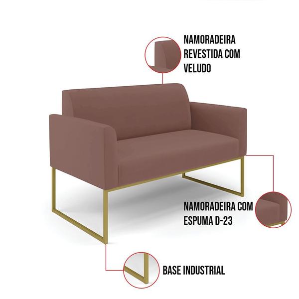 Imagem de Sofá Namoradeira com 2 Poltronas Base Industrial Dourado Marisa Veludo D03 - D'Rossi