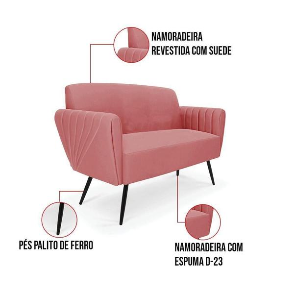 Imagem de Sofá Namoradeira Com 2 Poltronas Pés Palito De Ferro Bruna Suede - D'rossi Cor Rose