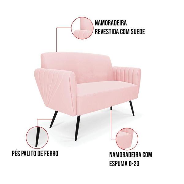 Imagem de Sofá Namoradeira Com 2 Poltronas Pés Palito De Ferro Bruna Suede Rosa Bebê - D'rossi