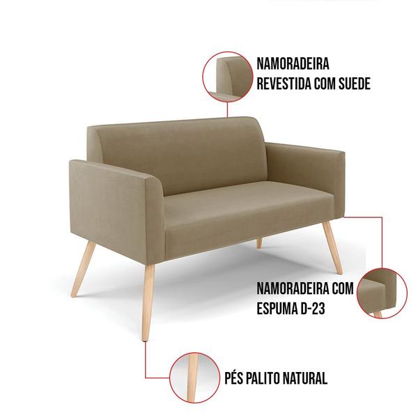 Imagem de Sofá Namoradeira com 2 Poltronas Pés Palito Natural Marisa Suede Marrom Rato D03 - D'Rossi