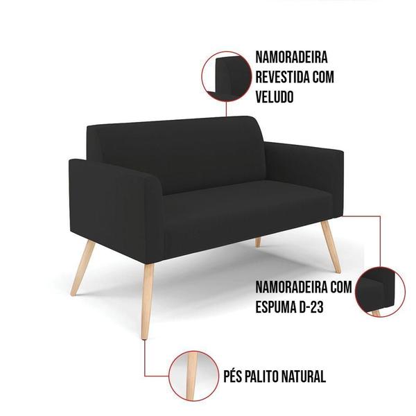 Imagem de Sofá Namoradeira Com 2 Poltronas Pés Palito Natural Marisa Veludo Preto D03 - D'rossi