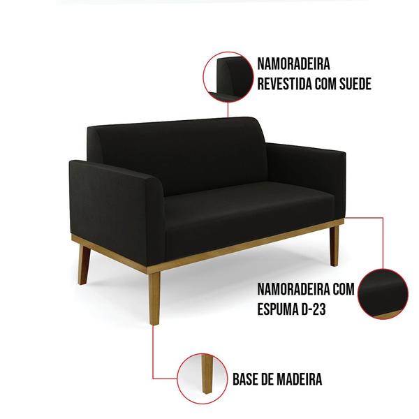 Imagem de Sofá Namoradeira com Poltrona Base de Madeira Fixa Castanho Marisa Suede D03 - D'Rossi