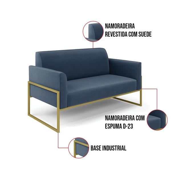 Imagem de Sofá Namoradeira com Poltrona Base Industrial Alta Dourado Marisa Suede Azul Marinho D03 - D'Rossi