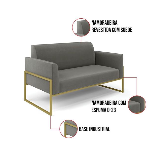 Imagem de Sofá Namoradeira com Poltrona Base Industrial Alta Dourado Marisa Suede D03 - D'Rossi