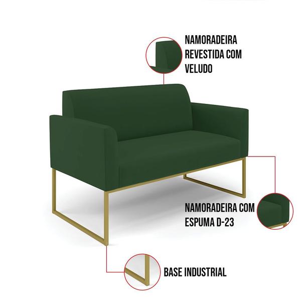 Imagem de Sofá Namoradeira com Poltrona Base Industrial Dourado Marisa Veludo Verde D03 - D'Rossi