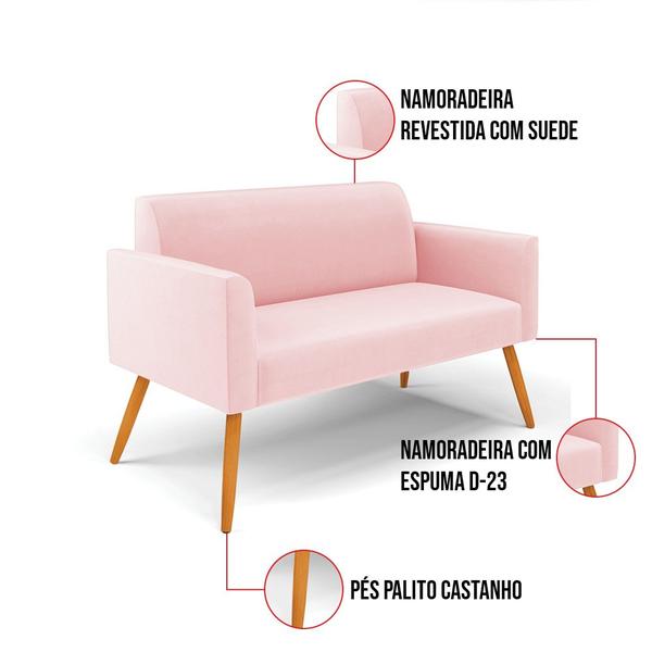 Imagem de Sofá Namoradeira com Poltrona Pés Palito Castanho Marisa Suede Rosa Bebê D03 - D'Rossi