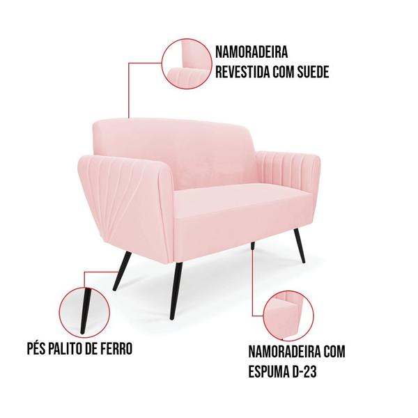 Imagem de Sofá Namoradeira com Poltrona Pés Palito de Ferro Bruna Suede Rosa Bebê - D'Rossi