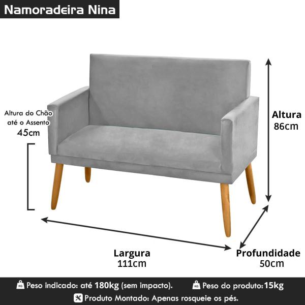 Imagem de Sofá Namoradeira Decorativa 2 Lugares Para Sala de Estar Recepção Nina Pés Madeira Pálito Suede Diversas Cores