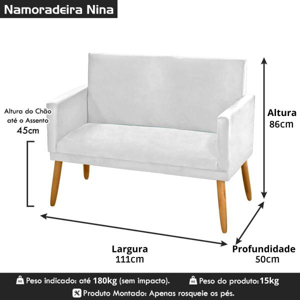 Imagem de Sofá Namoradeira Decorativa 2 Lugares Para Sala de Estar Recepção Nina Pés Madeira Pálito Suede Diversas Cores