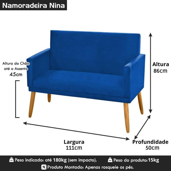 Imagem de Sofá Namoradeira Decorativa 2 Lugares Para Sala de Estar Recepção Nina Pés Madeira Pálito Suede Diversas Cores