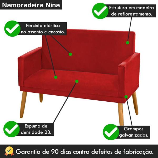 Imagem de Sofá Namoradeira Decorativa 2 Lugares Para Sala de Estar Recepção Nina Pés Madeira Pálito Suede Diversas Cores