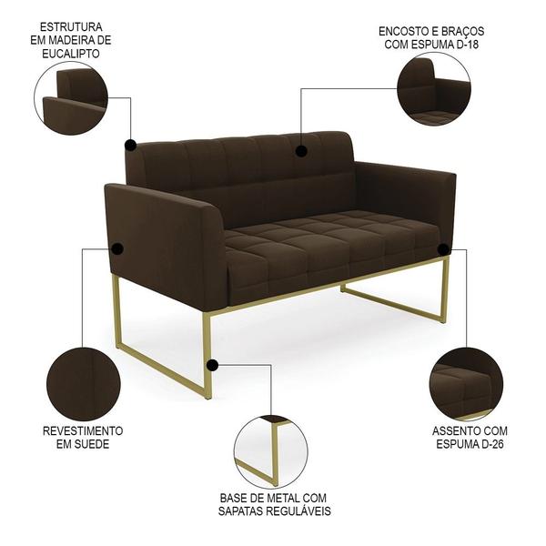 Imagem de Sofá Namoradeira e 1 Poltrona Base Industrial Dourado Ana Suede Marrom - Ibiza