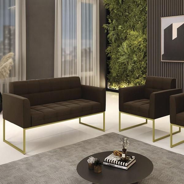 Imagem de Sofá Namoradeira e 1 Poltrona Base Industrial Dourado Ana Suede Marrom - Ibiza