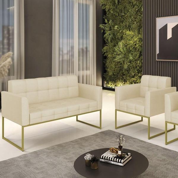 Imagem de Sofá Namoradeira E 1 Poltrona Base Industrial Dourado Ana Veludo Luxo Off White