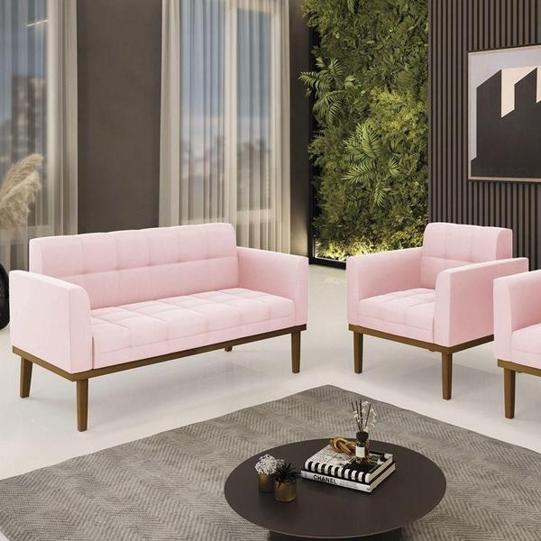 Imagem de Sofá Namoradeira E 1 Poltrona Base Madeira Castanho Ana Suede Rosa Bebê