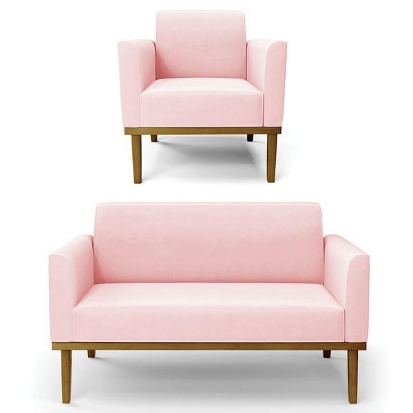 Imagem de Sofá Namoradeira E 1 Poltrona Base Madeira Castanho Maressa Suede Rosa Bebê