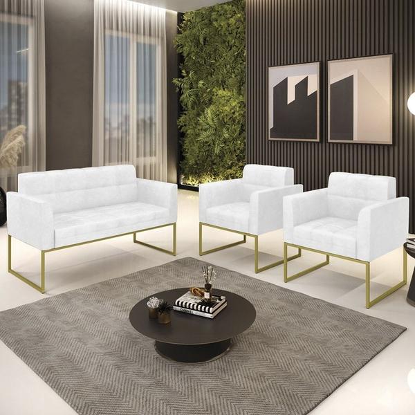 Imagem de Sofá Namoradeira e 2 Poltronas Base Industrial Dourado Ana Sintético PU Branco - Ibiza