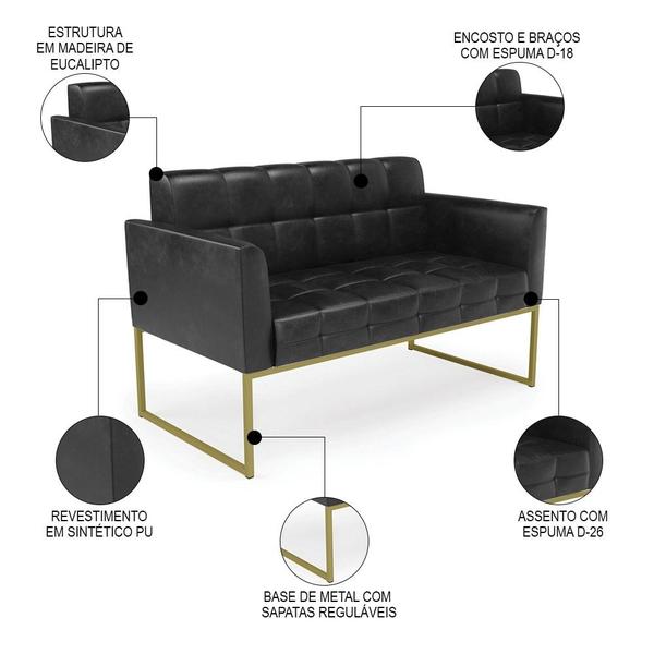 Imagem de Sofá Namoradeira e 2 Poltronas Base Industrial Dourado Ana Sintético PU Preto - Ibiza