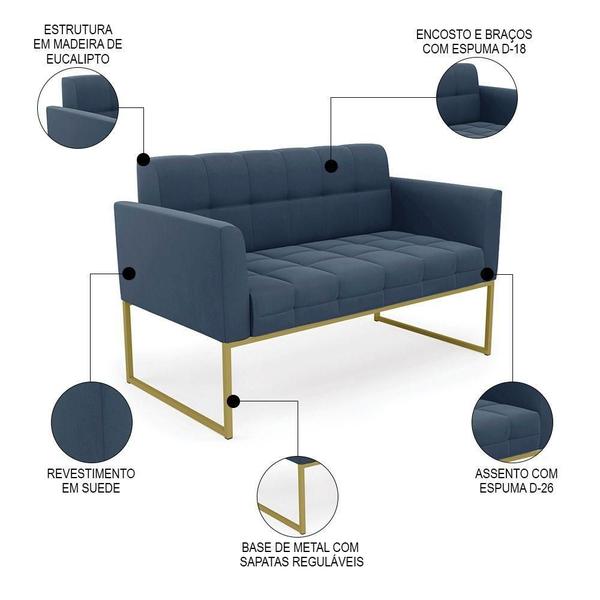 Imagem de Sofá Namoradeira E 2 Poltronas Base Industrial Dourado Ana Suede Azul Marinho