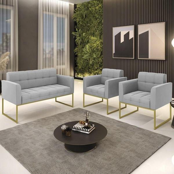 Imagem de Sofá Namoradeira E 2 Poltronas Base Industrial Dourado Ana Suede Cinza