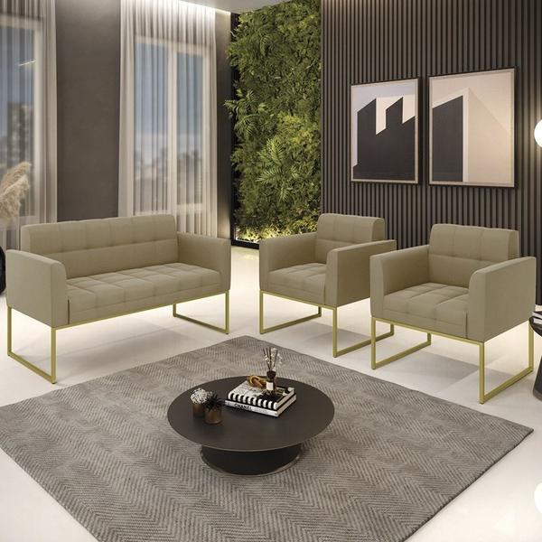 Imagem de Sofá Namoradeira e 2 Poltronas Base Industrial Dourado Ana Suede Marrom RT - Ibiza