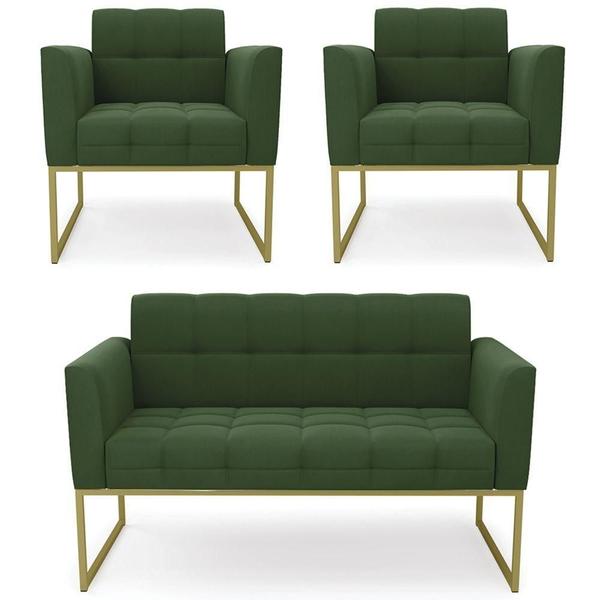 Imagem de Sofá Namoradeira E 2 Poltronas Base Industrial Dourado Ana Suede Verde