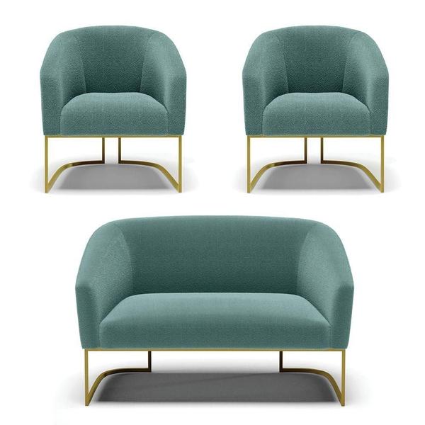 Imagem de Sofá Namoradeira E 2 Poltronas Base Industrial Dourado Stella Bouclê D03 - D'rossi Cor Verde Menta