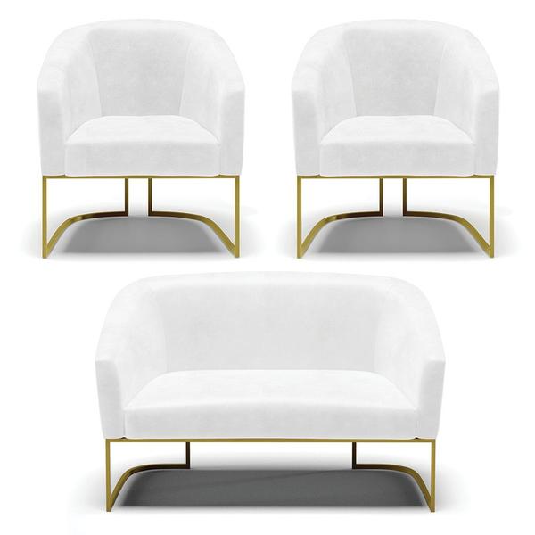 Imagem de Sofá Namoradeira e 2 Poltronas Base Industrial Dourado Stella Corano Branco D03 - D'Rossi