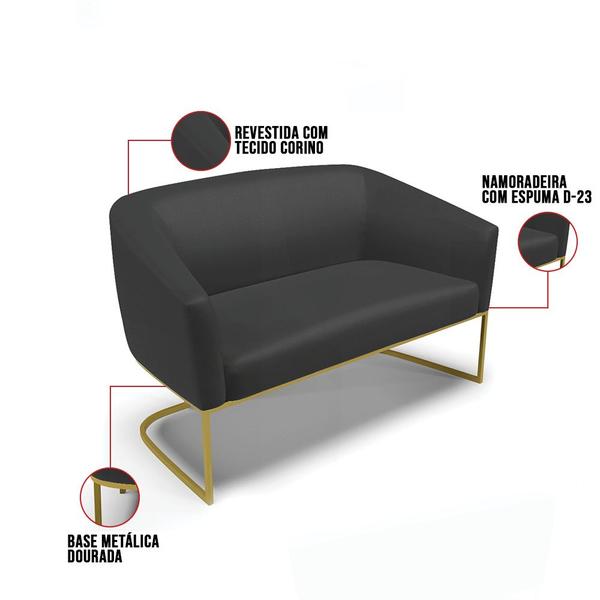 Imagem de Sofá Namoradeira e 2 Poltronas Base Industrial Dourado Stella material sintético D03 - D'Rossi