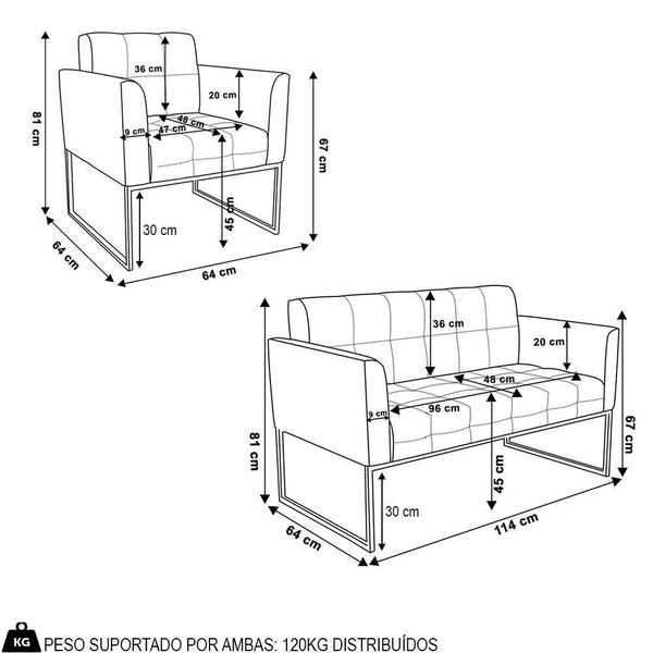 Imagem de Sofá Namoradeira E 2 Poltronas Base Industrial Preto Ana Sintético Pu Branco