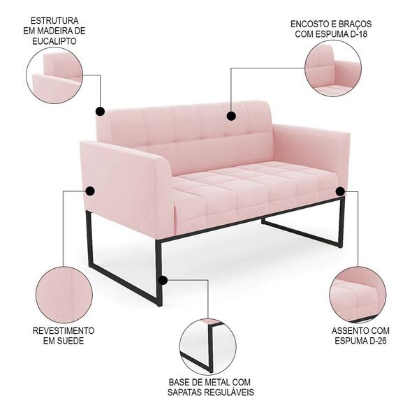 Imagem de Sofá Namoradeira e 2 Poltronas Base Industrial Preto Ana Suede Rosa Bebê - Ibiza