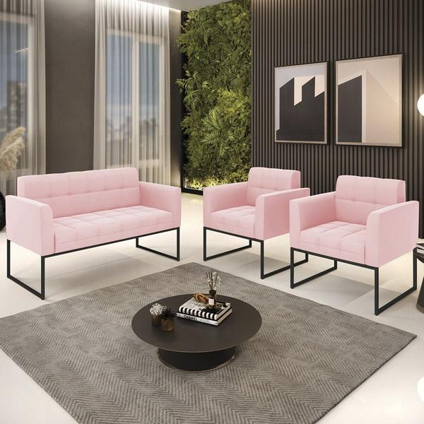 Imagem de Sofá Namoradeira e 2 Poltronas Base Industrial Preto Ana Suede Rosa Bebê - Ibiza