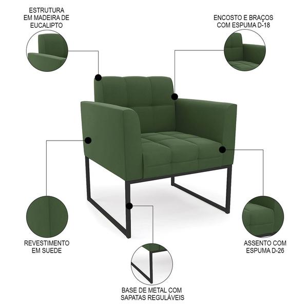 Imagem de Sofá Namoradeira e 2 Poltronas Base Industrial Preto Ana Suede Verde - Ibiza