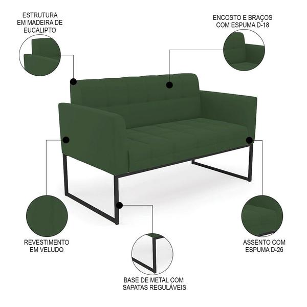 Imagem de Sofá Namoradeira e 2 Poltronas Base Industrial Preto Ana Veludo Verde - Ibiza