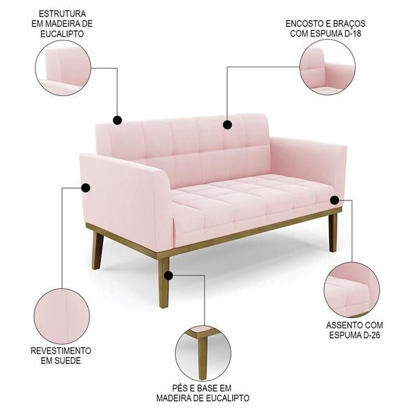 Imagem de Sofá Namoradeira E 2 Poltronas Base Madeira Castanho Ana Suede Rosa Bebê