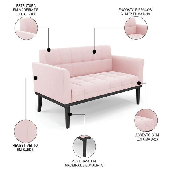 Imagem de Sofá Namoradeira E 2 Poltronas Base Madeira Preto Ana Suede Rosa Bebê