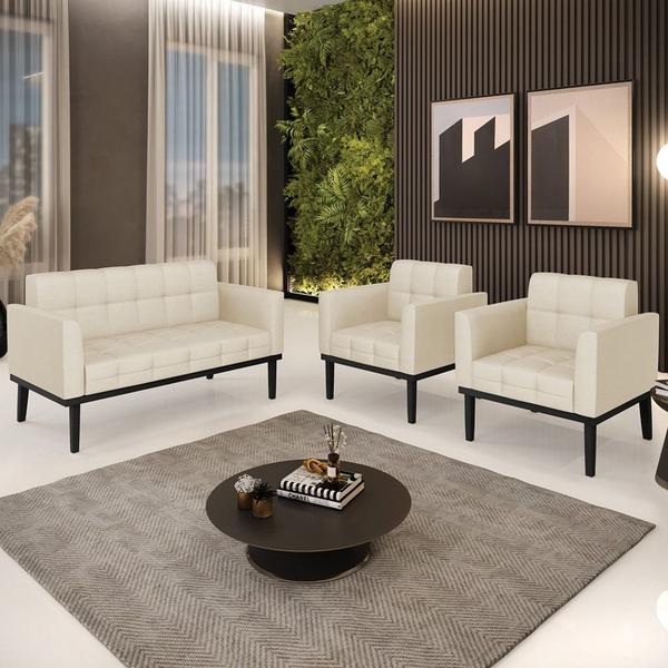 Imagem de Sofá Namoradeira e 2 Poltronas Base Madeira Preto Ana Veludo Luxo Off White - Ibiza