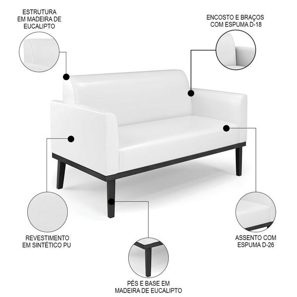 Imagem de Sofá Namoradeira e 2 Poltronas Base Madeira Preto Maressa Sintético PU Branco - Ibiza