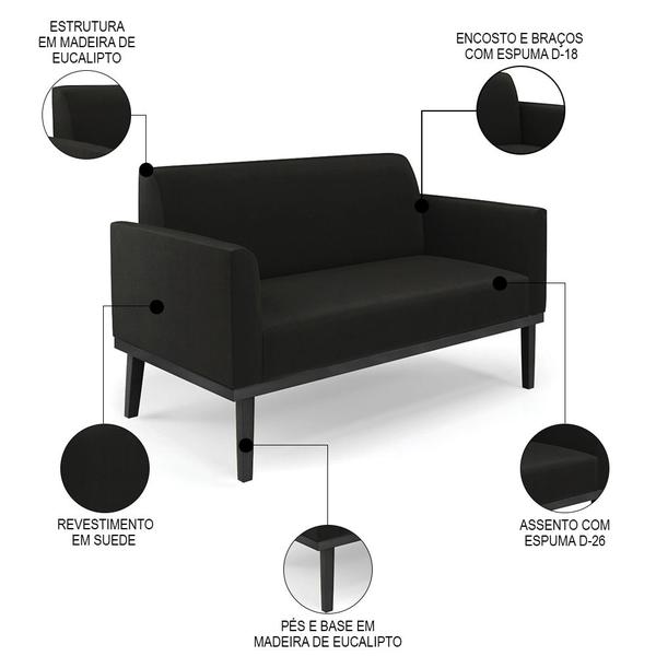 Imagem de Sofá Namoradeira e 2 Poltronas Base Madeira Preto Maressa Suede Preto - Ibiza