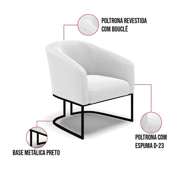 Imagem de Sofá Namoradeira e 2 Poltronas Industrial Pto Stella Bouclê Off Wte D03 - D'Rossi