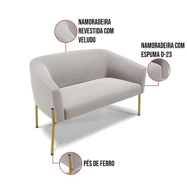 Imagem de Sofá Namoradeira E 2 Poltronas Pé De Ferro Dourado Stella Veludo D03 - D'rossi Cor Cinza