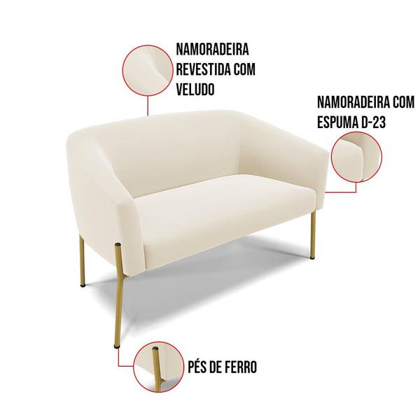 Imagem de Sofá Namoradeira e 2 Poltronas Pé de Ferro Dourado Stella Veludo D03 - D'Rossi