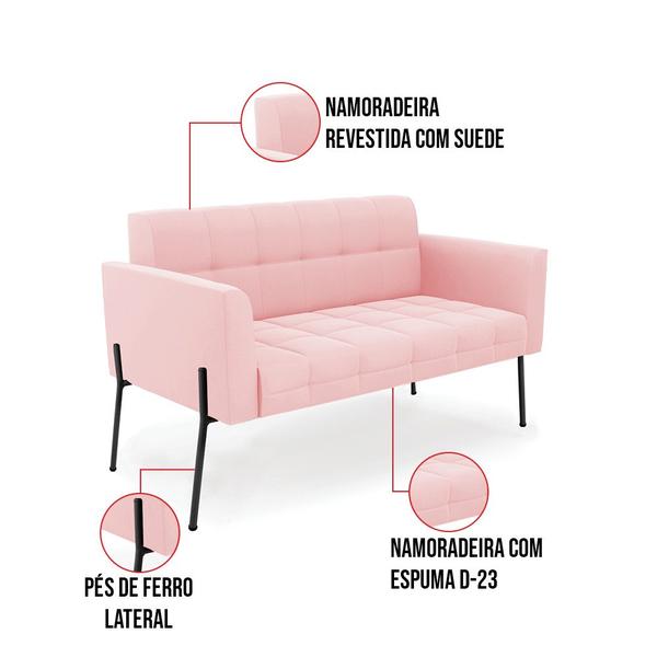 Imagem de Sofá Namoradeira e 2 Poltronas Pé de Ferro Preto Elisa Suede Rosa Bebê D03 - D'Rossi