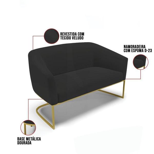 Imagem de Sofá Namoradeira E Poltrona Base Industrial Dourado Stella Veludo Preto D03 - D'rossi