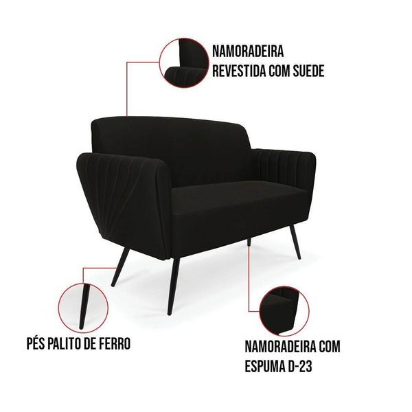 Imagem de Sofá Namoradeira Pés Palito De Ferro Bruna Suede Preto - D'rossi