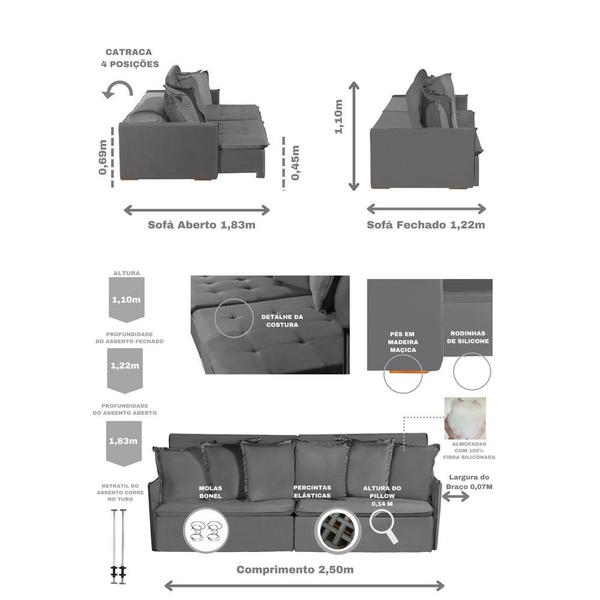 Imagem de Sofá Olinda Modular 5 Lugares 2.50 MT com Molas Retrátil e Reclinável Veludo Nobre Sofatec