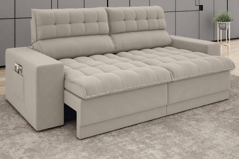 Sofá Omega 2,00m Assento Retrátil e Reclinável Velosuede Areia - NETSOFAS Sofá Omega 2,00m Assento Retrátil e Reclinável Velosuede Areia - NETSOFAS