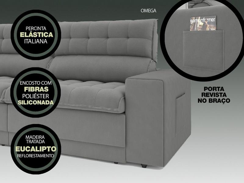 Imagem de Sofá Omega 2,30m Assento Retrátil e Reclinável Velosuede Grafite - NETSOFAS