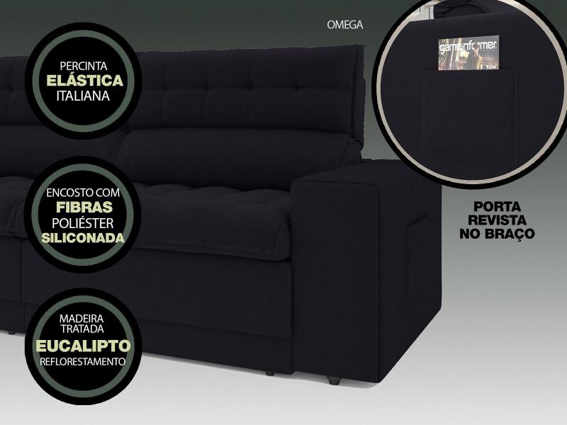 Imagem de Sofá Omega 2,30m Assento Retrátil e Reclinável Velosuede Preto - NETSOFAS