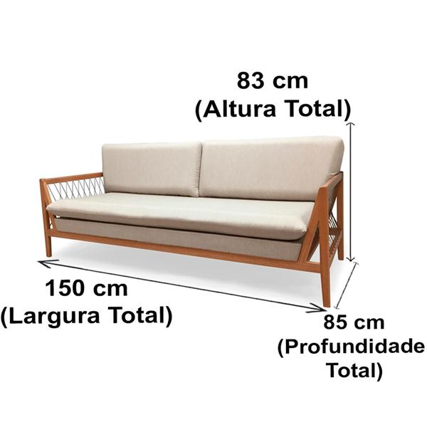 Imagem de Sofá Pleno Ozki 150 cm Madeira Eucalipto Cedro Tecido Bege Corda Redonda Rami